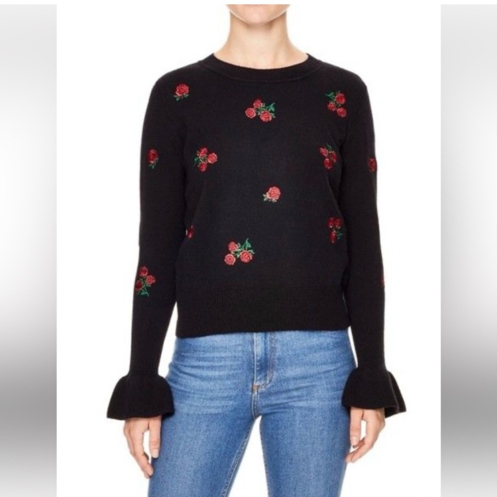 Sandro Paris Wool blend rose embroidered Ingrid flare black sweater size: M